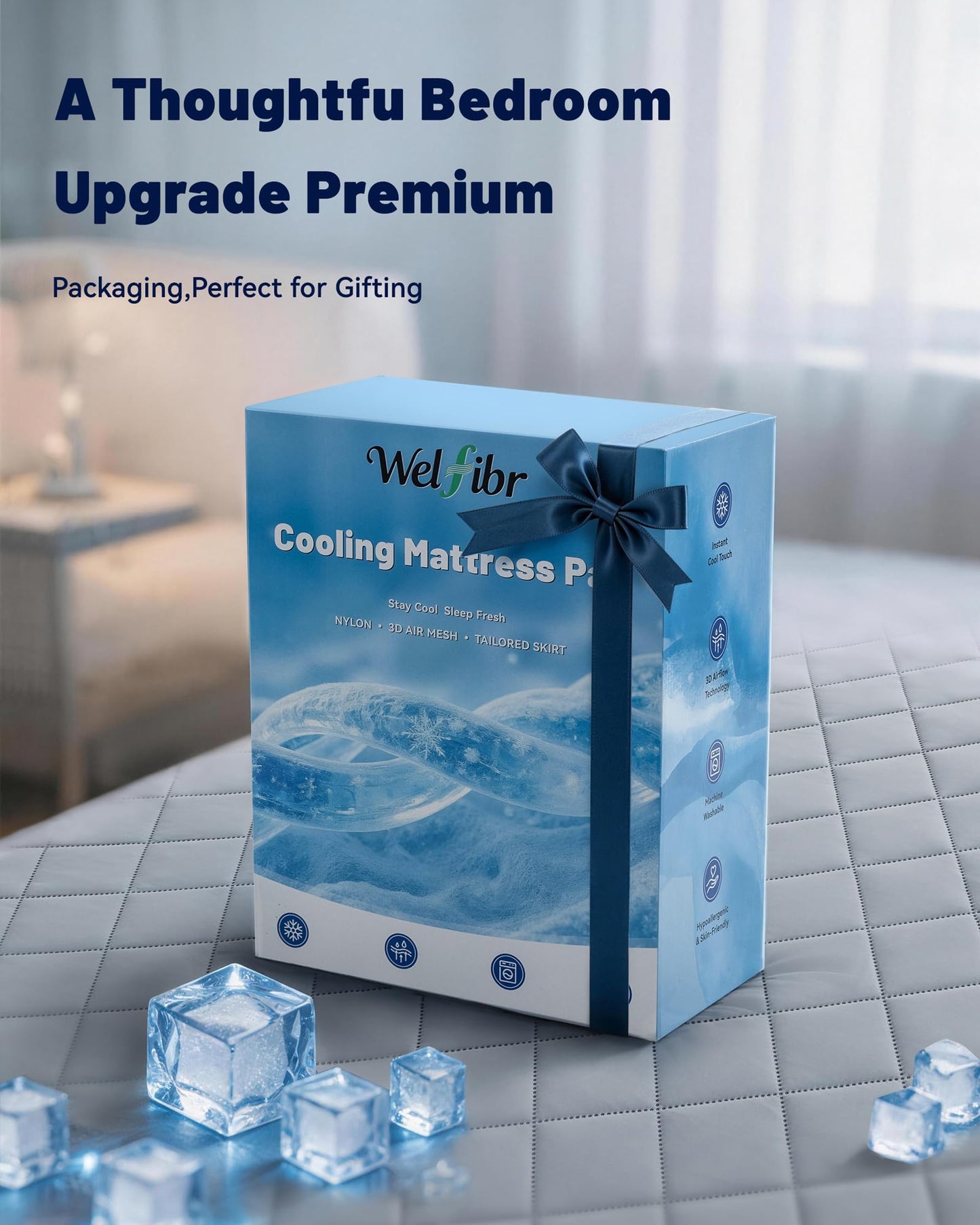 Welfibr Cooling Mattress Pad for Hot Sleepers Noiseless Mattress Protector Bed Cooling Pad 3 x Breathable Mattress Topper Q-Max 0.45 Cool Touch, 3D Mesh Deep Pocket Bed Cooling Cover Grey King