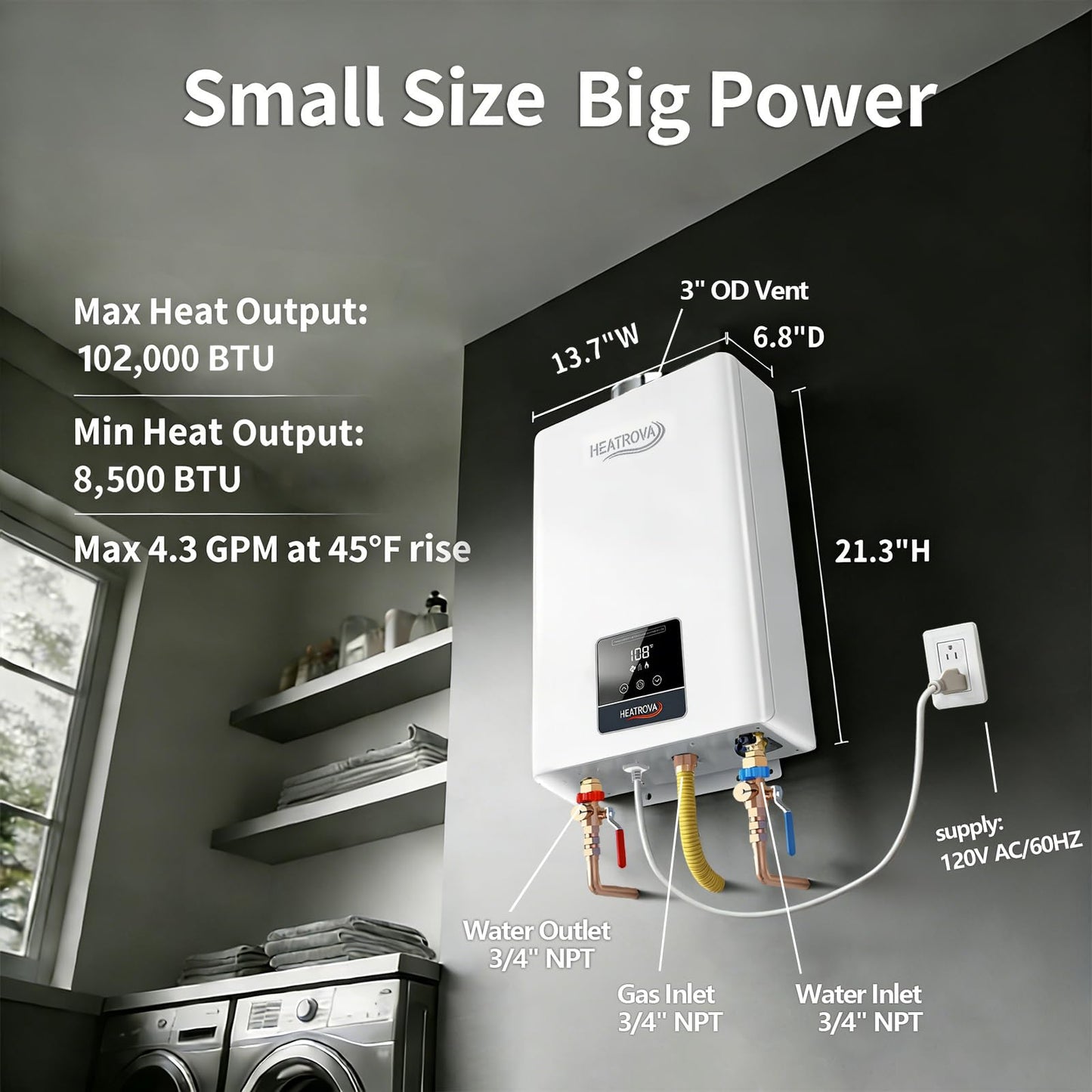Natural Gas Tankless Water Heater Indoor,HeatRova 4.3 GPM 102,000 BTU,Instant Hot Water,Constant Temperature,Pure Copper Heat Exchanger,3/4" NPT Connector,Energy-Saving,On-Demand for 3–4 Fixtures