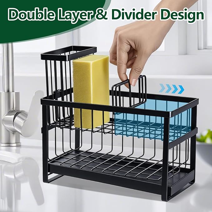 Sponge Holder for Kitchen Sink Organizer Caddy, 2 Tier Dish Brush Scrubber