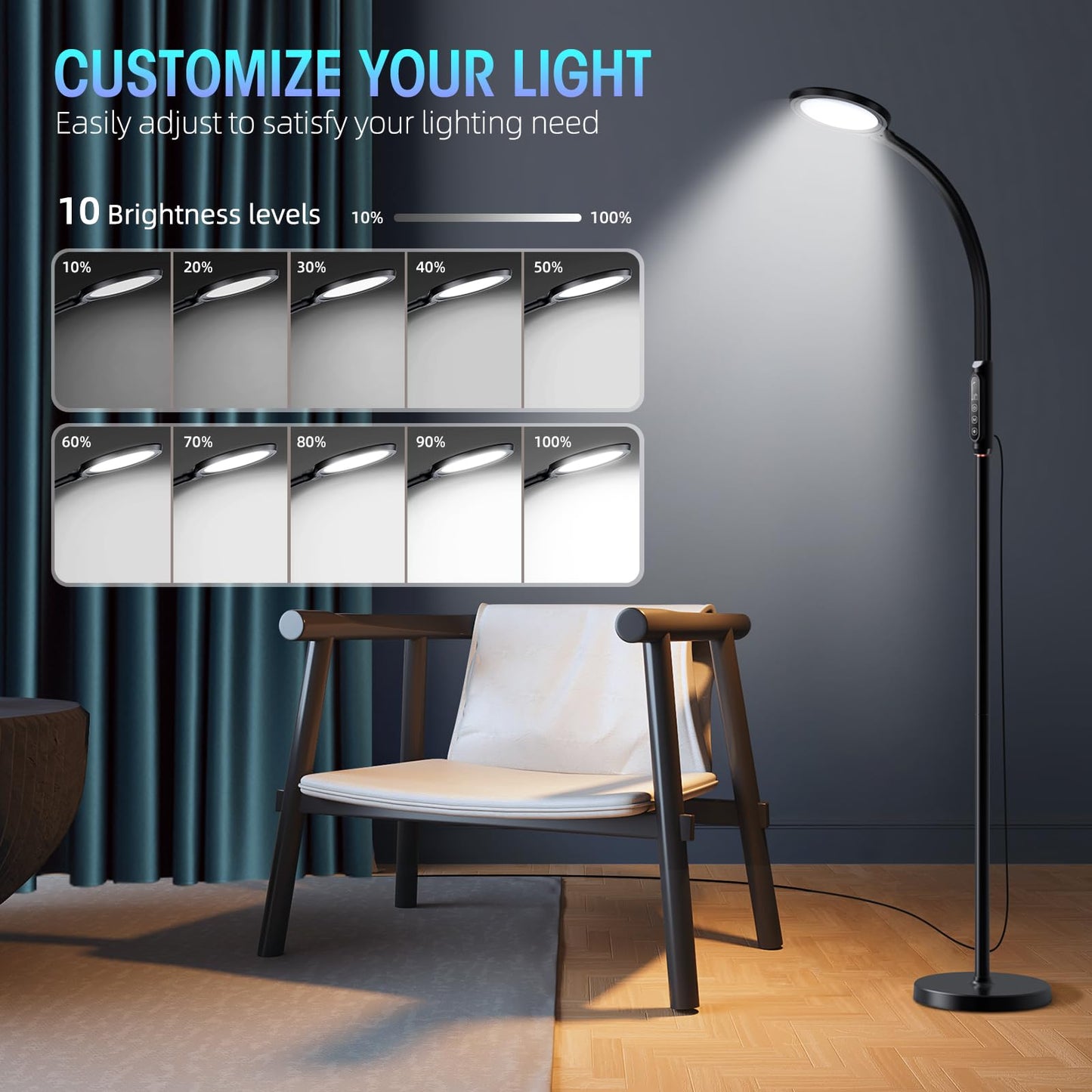 FBBJFF Happy Light Therapy lamp 11000 Lux, LED UV-Free Sunlight lamp,Full Spectrum Happy Therapy lamp with 10 Adjustable Brightness Levels, 2 in 1 Retractable Floor Sad Lamp (Black)