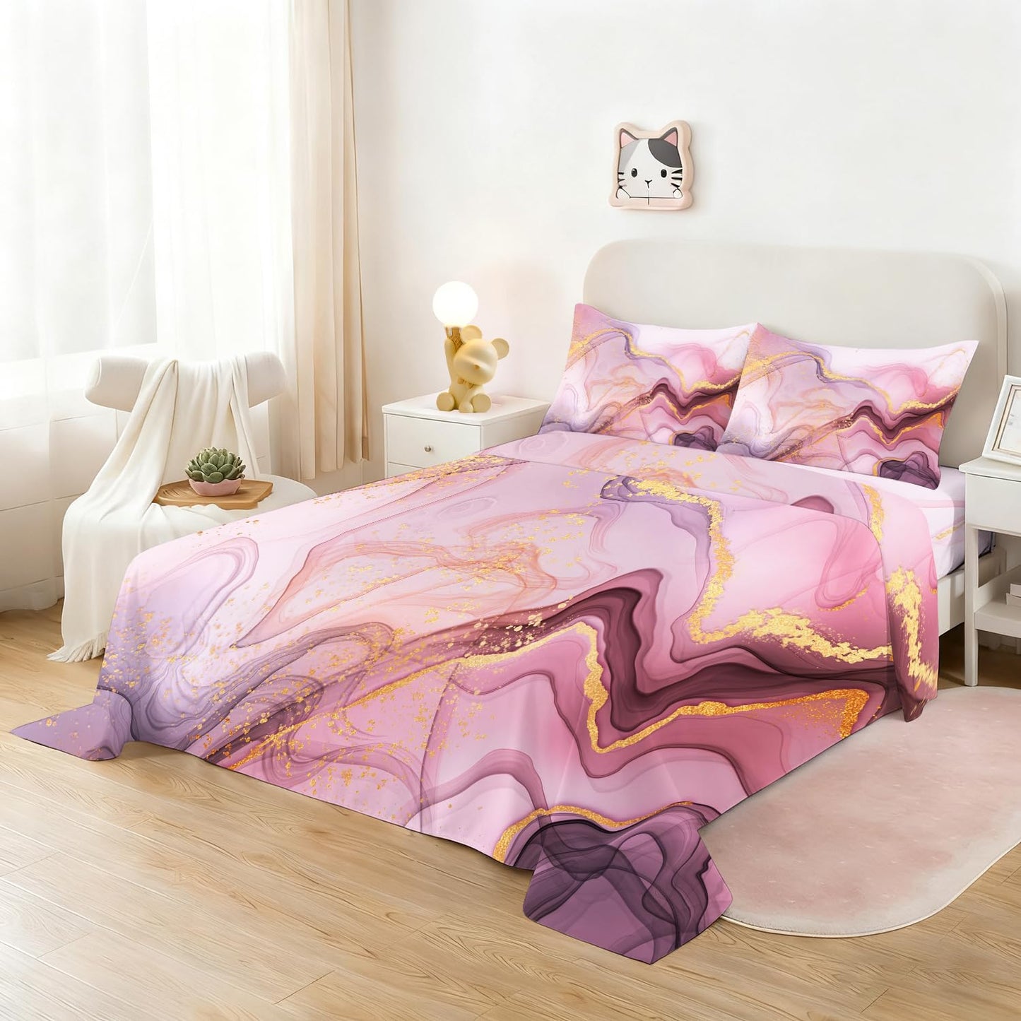 VTKON Pink Marble Sheets Set Twin for Girls Pink and Gold Marble Bedding Set Kids Aesthetic Bed Set with 1 Fitted Sheet 1 Flat Sheet and 1 Pillowcase
