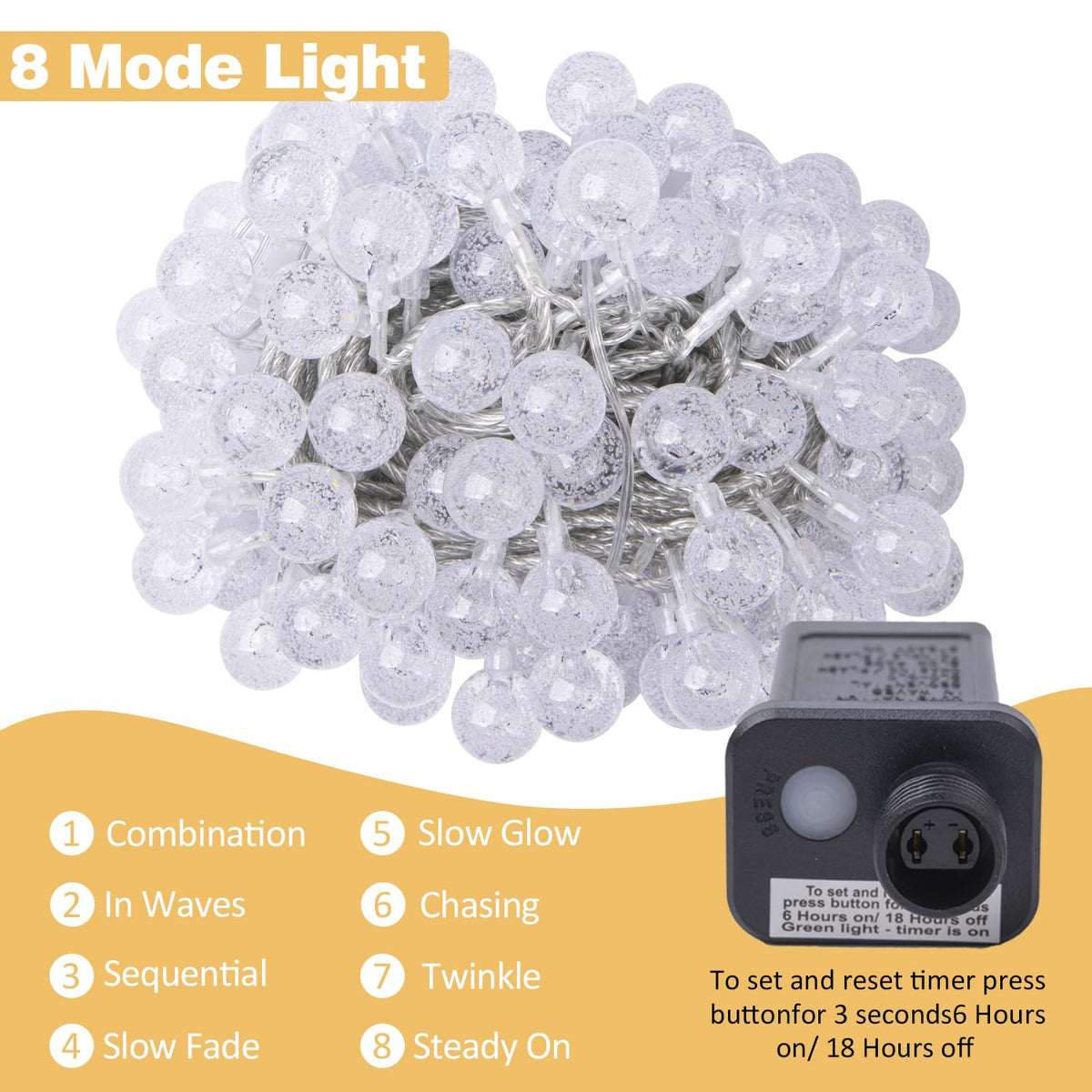 Ogrmar 49 ft 100 LED Globe Ball String Lights 8 Modes Crystal Bubble Ball String Lights with Remote, Timer Function & Connectable for Indoor Outdoor Wedding Christmas Tree Garden Decor (100, White)