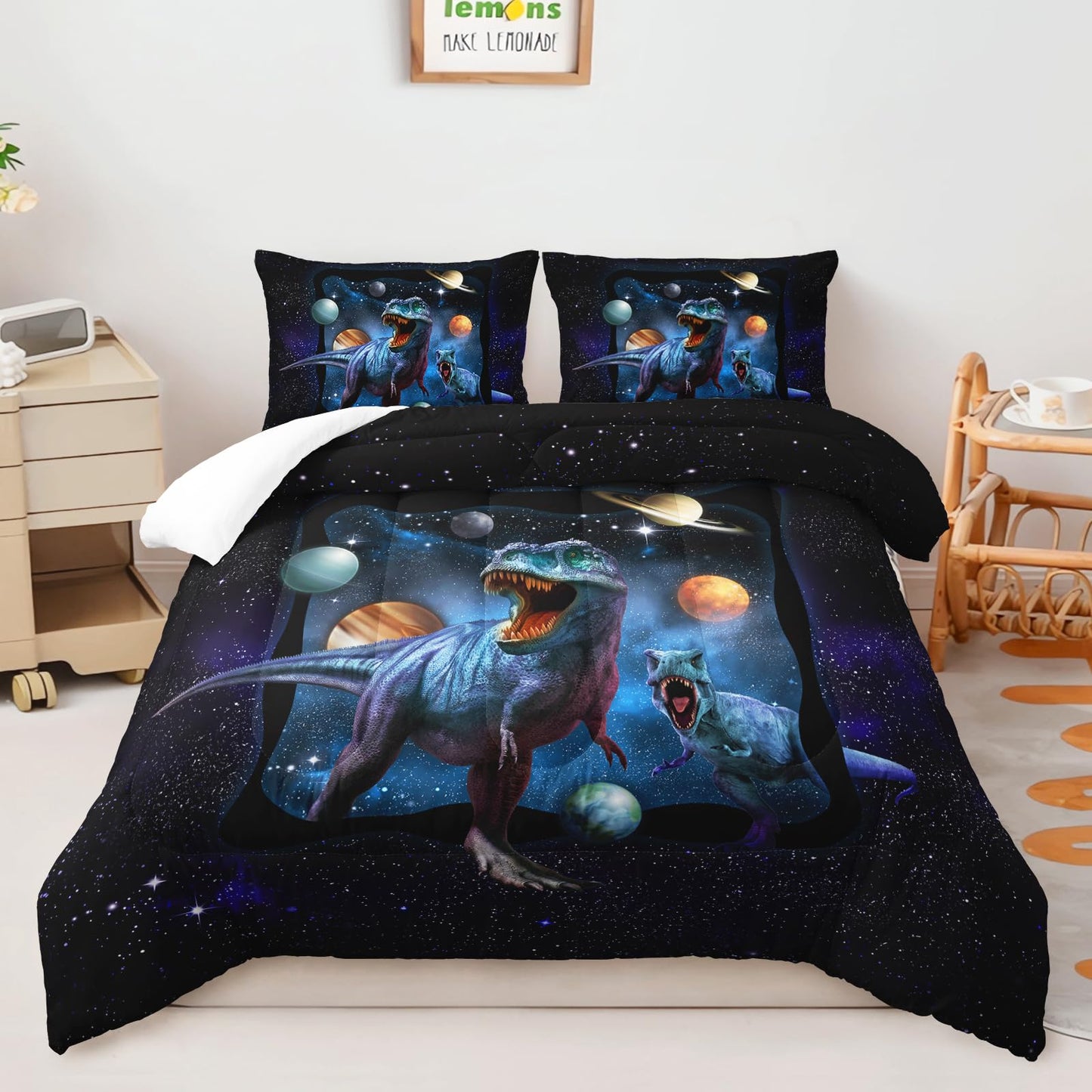 AILONEN Space Galaxy Dinosaur Bedding Set, Purple Dreamy Nebula Dinosaur Twin Size Bedding Sets for Boys Girls,Dino Roar Planet Pattern Soft Breathable Quilt Set 3Pcs(1 Comforter + 2 Pillowcase)