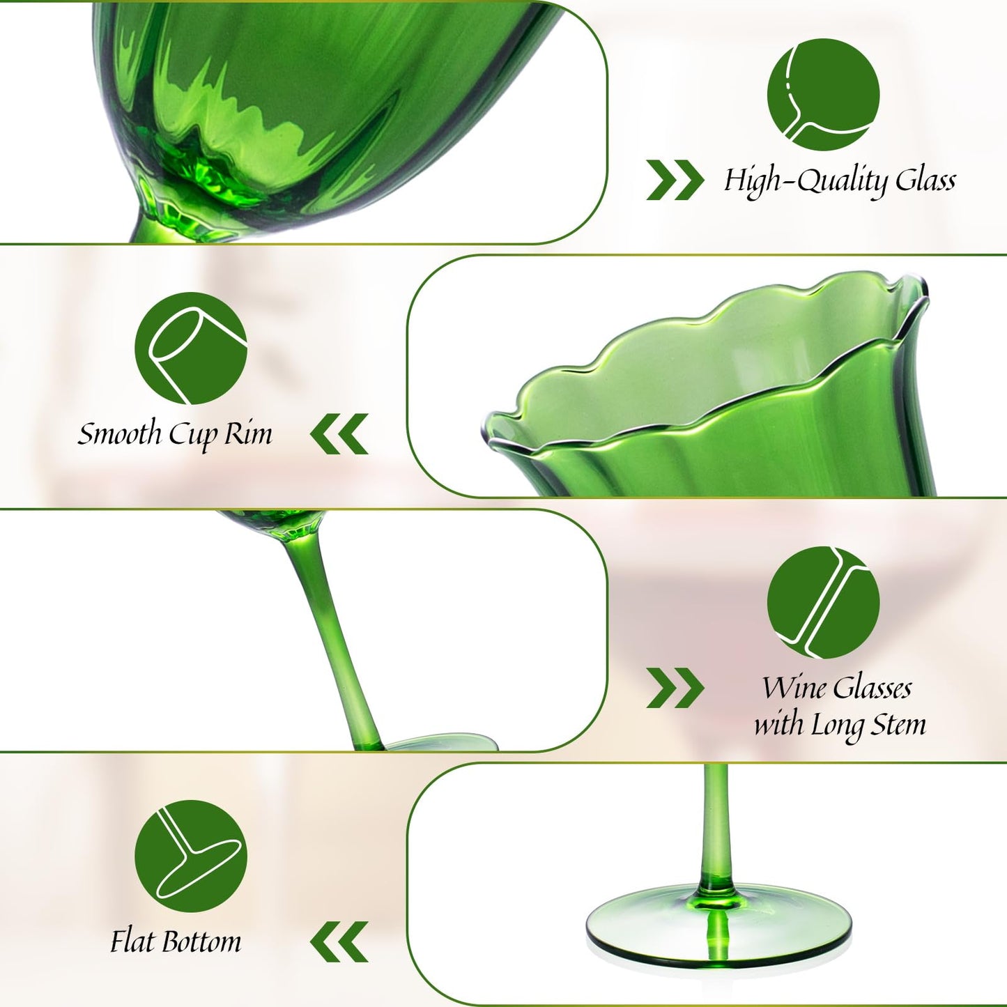 KAMMAK Wine Glasses Set of 2, 9.47 oz Hand Blown Crystal Bordeaux Wine Glasses, Thin Rim & Long Stem, Perfect for Red & White, Daily Use, Wedding or Birthday Gift with Gift Box, Fully Green Flowers