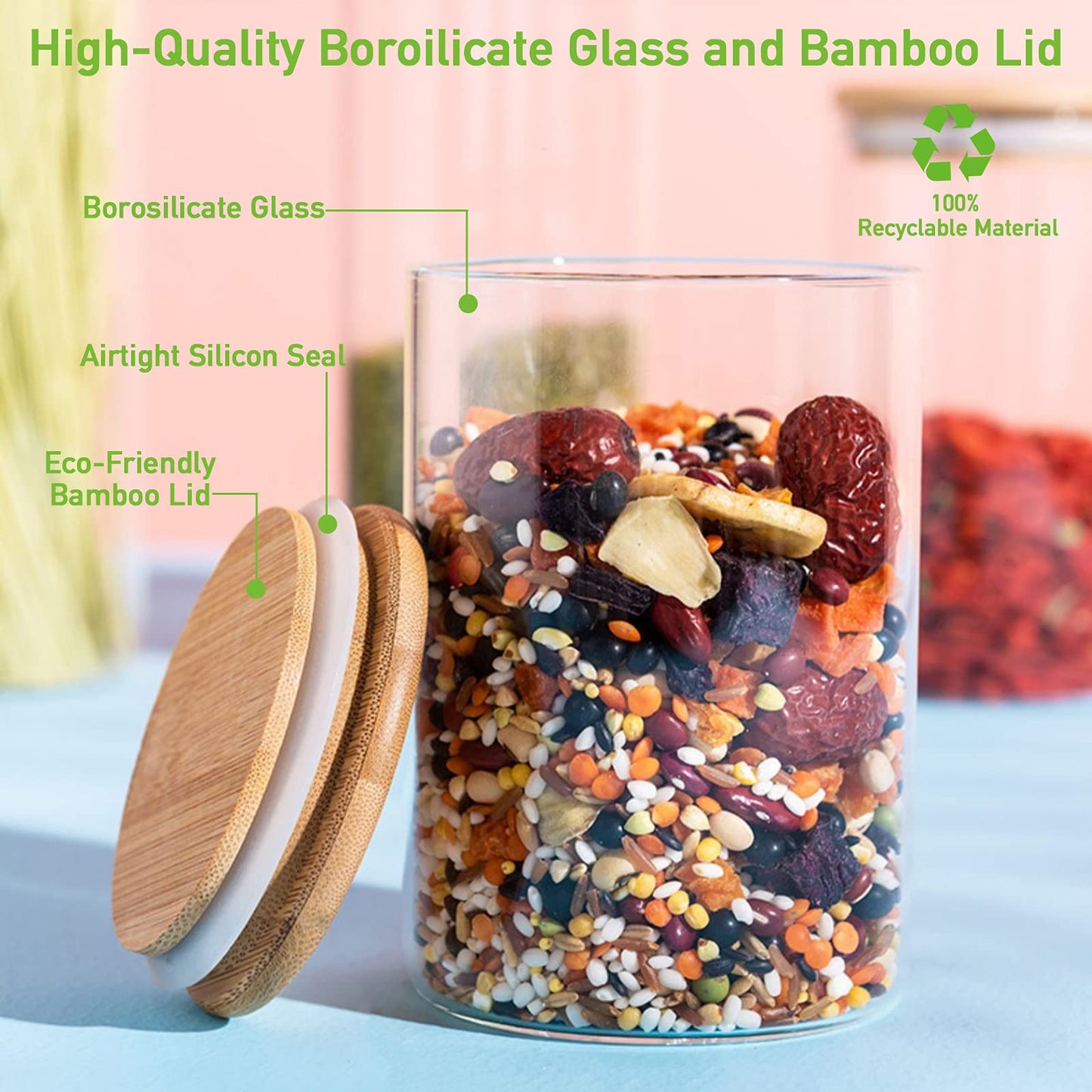 Aoeoe 4 Pack Glass Storage Jars with Airtight Bamboo Lid, 27 OZ Glass Kitchen Canisters, Clear Container for Coffee Bean Storage, Dry Goods, Cookie, Candy, Tea, Spices and More