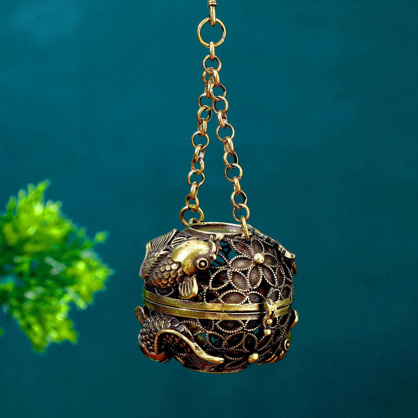 GANAZONO Copper Aromatherapy Ball Incense Burner Hollow Design with Hanging Chain for Home Fragrance Meditation and Room Purifying 4.5X4.5X4.6 Inch