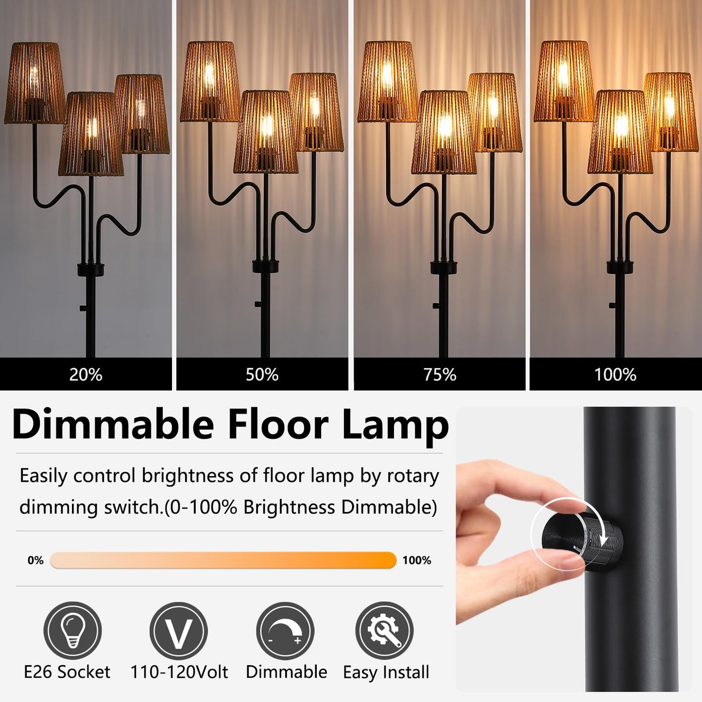 9MMML Farmhouse Boho Dimmable Floor Lamp with Rattan Shade, 68'' Tall Floor Standing Lamp, 3-Light Floor Lamp for Living Room, Bedroom, Office, Corner, 3 x E26 LED Bulb Included