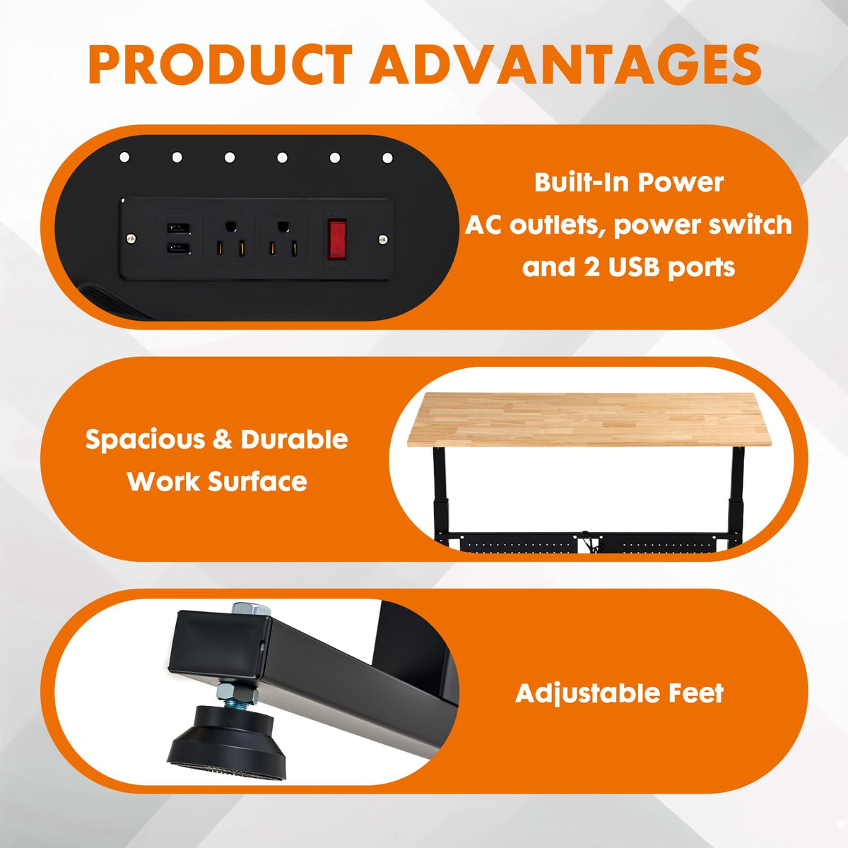 GVGBUK 48 Inch Adjustable Height Workbench, 1500 LBS Capacity Garage Work Table with Power Outlets, USB Ports & Pegboard, Solid Wood Top Work Bench for Workshop, Office, Garage
