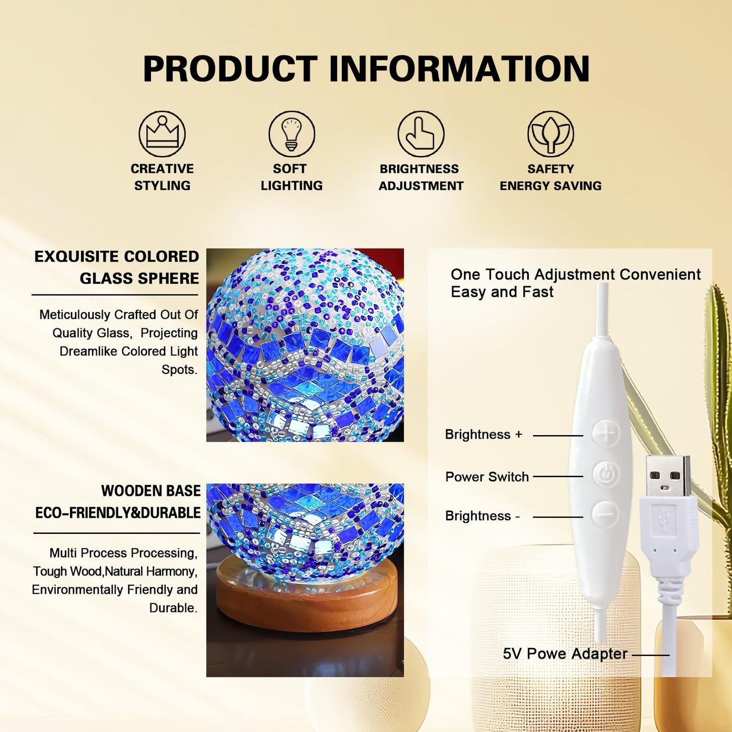 wpdash Mosaic Table Lamp Stained Glass Light USB Power Dimmable Geometric Pattern Ambient Lamp for Restaurant Atmosphere Lighting Hotel and Club Decoration(Baroque B - Blue, Baroque)