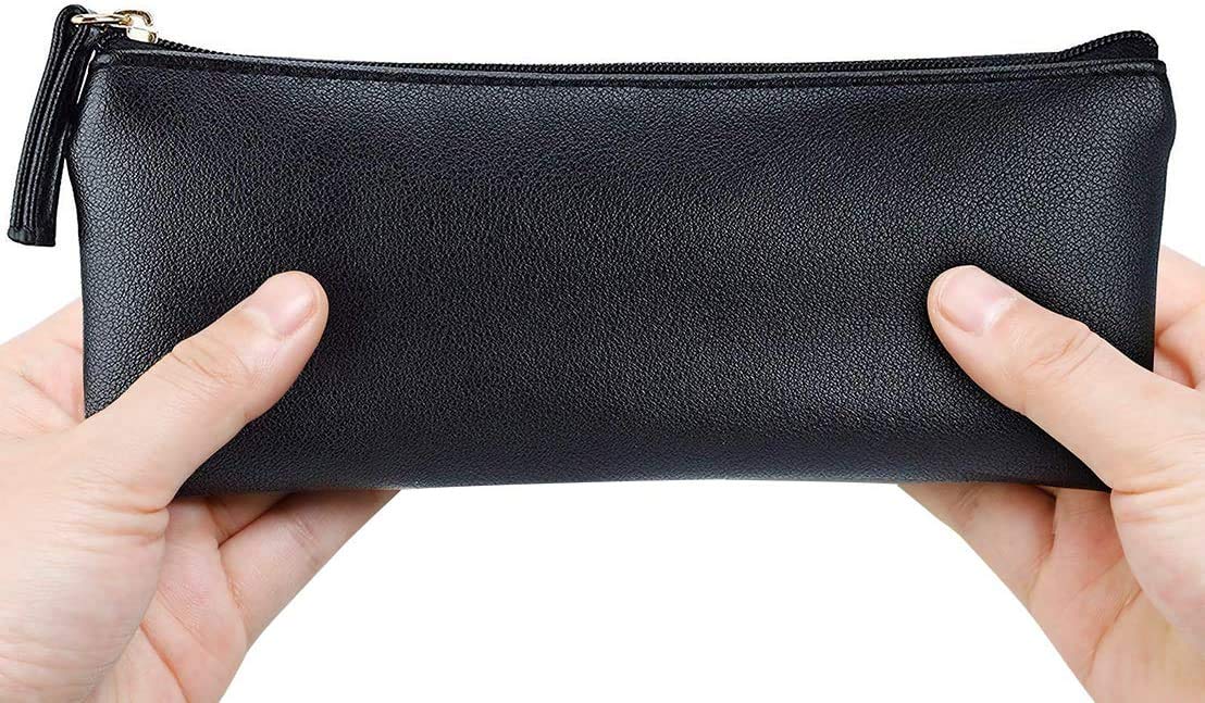 MROCO Pencil Case Black Pencil Bag PU Leather Pen Case Small Zipper Pouch for Pencils, Pens, Markers, Makeups, Change, Coins