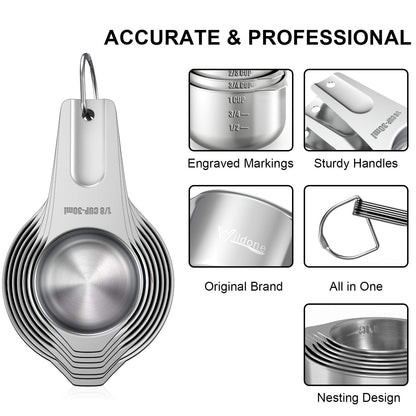 Measuring Cups and Magnetic Measuring Spoons Set, Wildone Stainless Steel 7 Measuring Cups, 8 Double Sided Stackable Magnetic Measuring Spoons, 1 Leveler & 5 Mini Spoons - 21 Piece