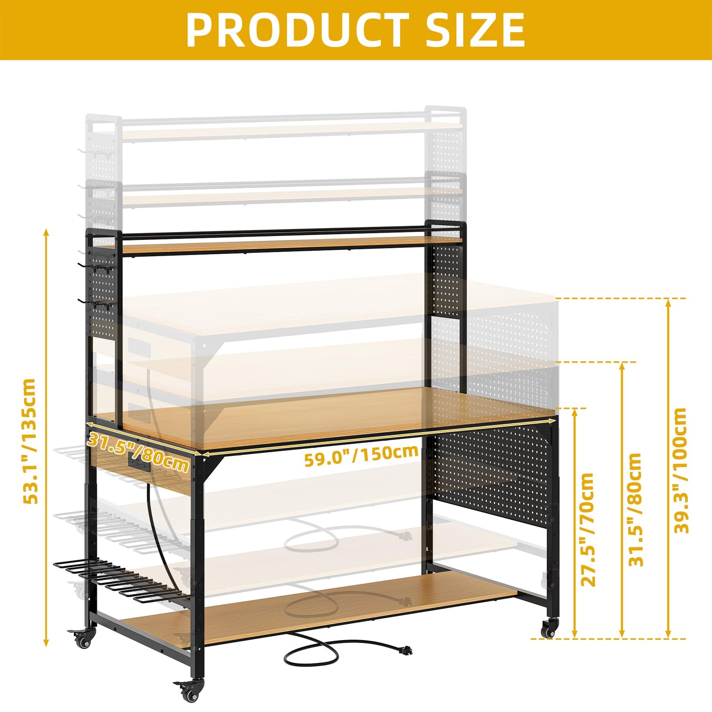 DWVO 59"x31" Adjustable Height Workbench with Pegboard and Storage Shelf, Heavy Duty Work Bench with Wheels, Load 1100lb, Work Table with AC/USB Outlet, LED Light, Hooks, for Garage, Workshop, Home