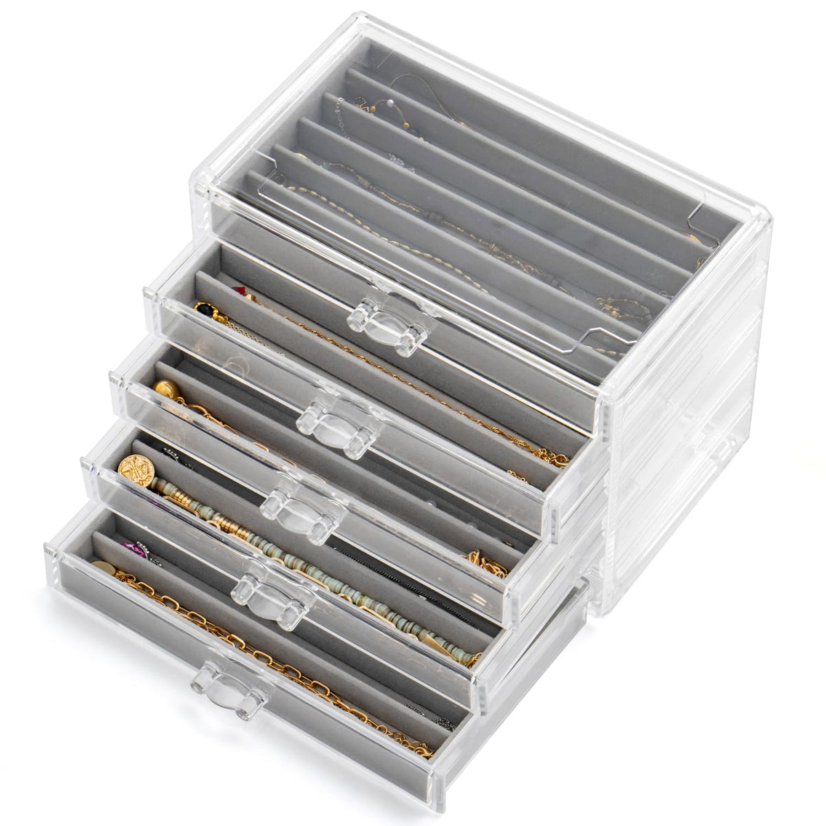 Necklace Organizer Box with 5 Drawers 30 Compartments, Dustproof Velvet Necklace Display Tray, Acrylic Necklaces Display Case, Pendant Chains Necklace Storage Tray Gift for Women and Girls (Grey)