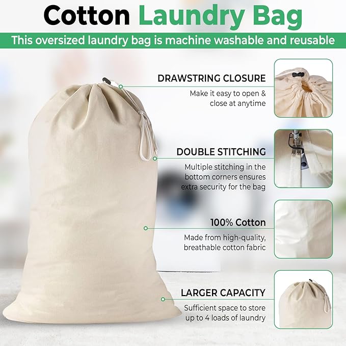 Large Cotton Laundry Bag, Heavy Duty Large Laundry Bags 24 x 36 inch Drawstring