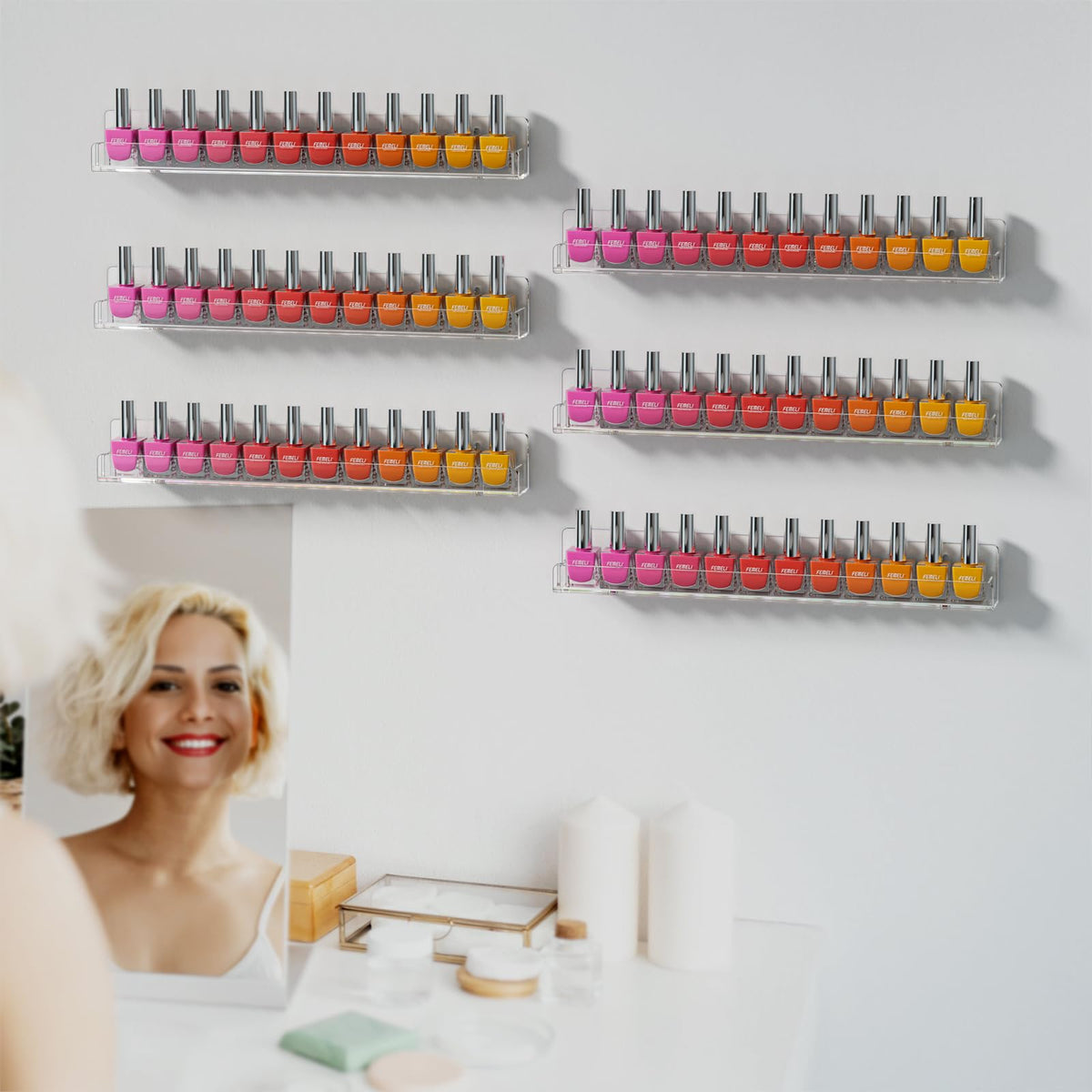 FEMELI Nail Polish Wall Rack: 6 Shelves 15 Inch Clear Acrylic Nail Polish Organizer for 66-90 Bottles Multi-Purpose Acrylic Floating Shelves (15 Inch, Clear)