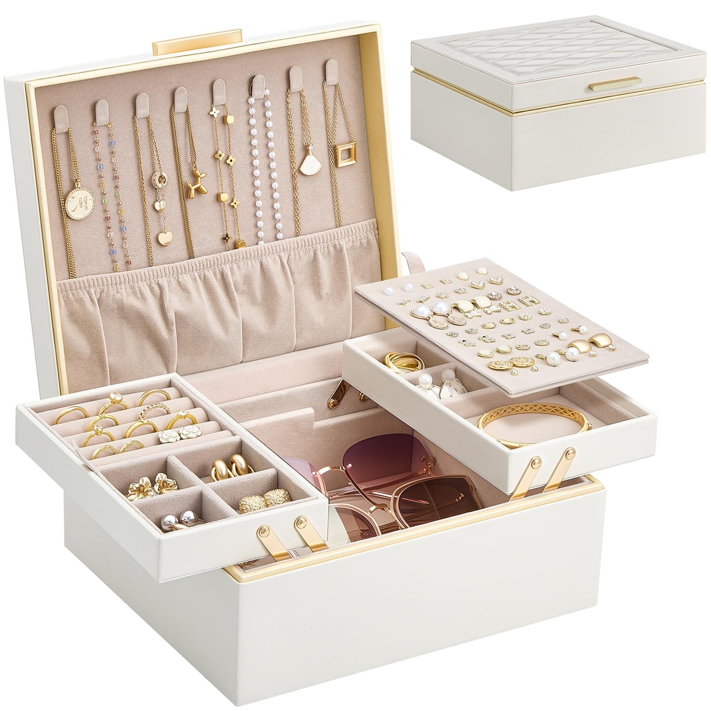 Lolalet Cream 2 Layer Jewelry Box Organizer and Cloud White Travel Jewelry Case Organizer Bundle, Jewelry Storage and Travel Solution