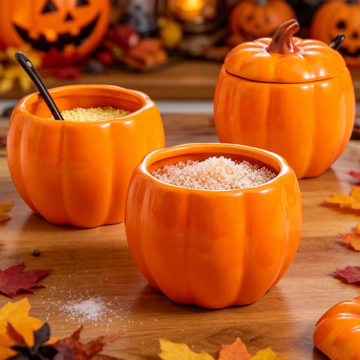 FTNESGYM Ceramic Salt Cellar with Lid and Spoon, 13.5oz Cute Pumpkin Shaped Spice Jar for Sugar, Salt, Spice, Decorative Spice Container for Fall Harvest & Halloween & Thanksgiving (Pumpkin)