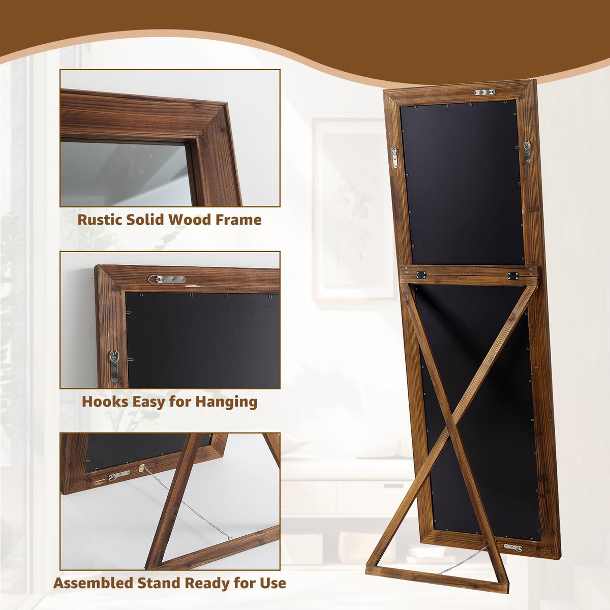 MELOMOIR Rustic Farmhouse Full Length Mirror, 64"x21" Wood Frame Floor Mirror, Free Standing Leaning Hanging Mirror, Long Mirror for Bedroom Living Room Cloakroom