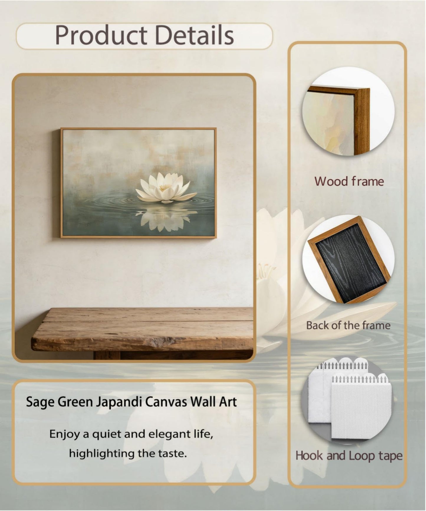 Framed Sage Green Japandi Canvas Wall Art Zen White Lotus Flowers Picture Wall Decor Japanese Wabi Sabi Poster Prints for Yoga Spa Meditation Spiritual Room Living Room Home Decoration 12x16in