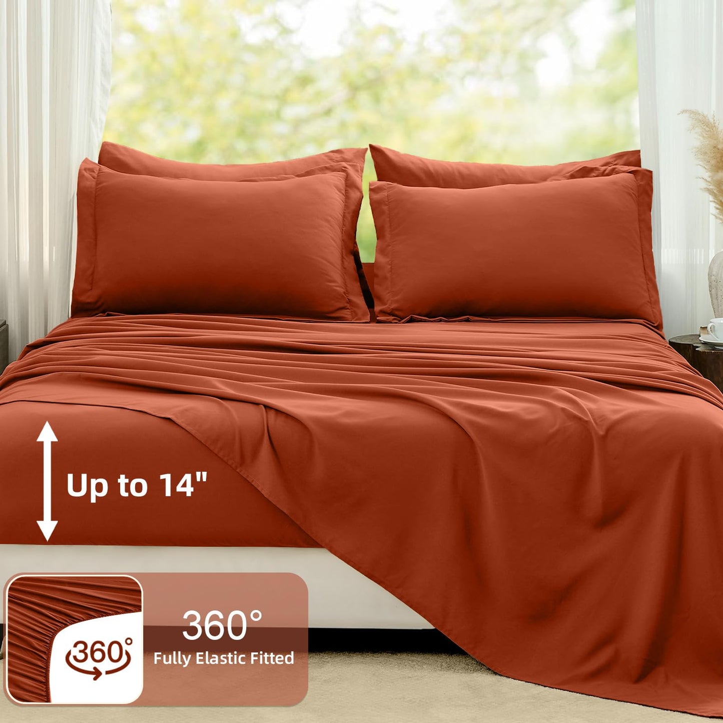 FUANNA King Size Comforter Sets Burnt Orange, 7 Pieces Soft Bedding Set, All Season Lightweight Bed in a Bag with Comforter, Flat Sheet, Fitted Sheet, Pillowcases & Shams