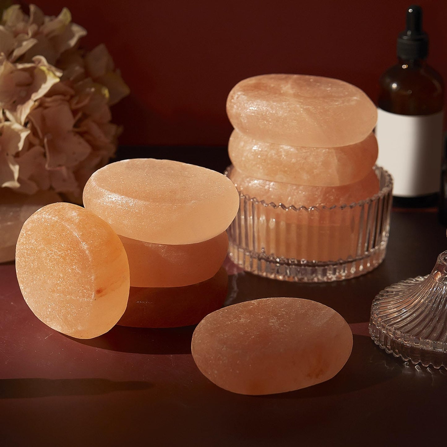 Swiffen 6 Pcs Flat Oval Massage Stone 3.5 x 1 x 2.6 Crystal Hand Carved Stone for Massages Therapy Himalayan Salt Massages Rocks Natural Pink Heated Warmer Stones for Spa Massage Salt and Sugar