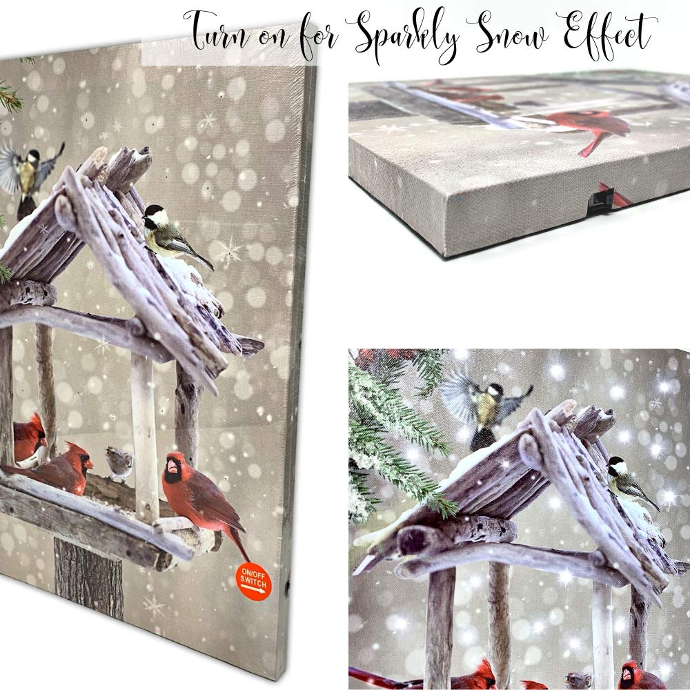 BANBERRY DESIGNS Lighted Cardinals Canvas Print with Rustic Bird Feeder - Berries Snowy LED Winter Scene - 20 Fiber Optic Lights - Wall Art - Measures 15.75" x 11.75"