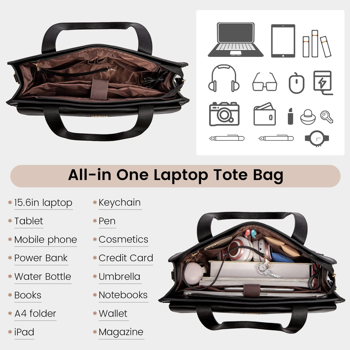 LOVEVOOK Laptop Tote for Women - 15.6 Inch Professional PU Leather Computer Briefcase, Waterproof Handbag, Large Capacity Business Teacher Office Bag, Crossbody Purse - Black