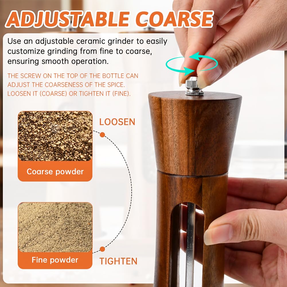 2 Pack Wooden Salt and Pepper Grinder Set with Spoon,Cleaning Brush,8 Inch Refillable Salt and Pepper Shakers,Manual Spice Mills with Clear View Window-Adjustable Coarseness