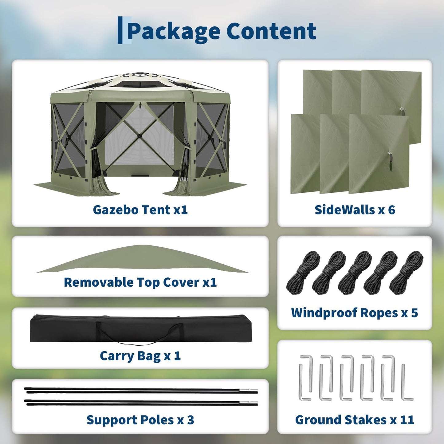 GarveeLife 11.5x11.5FT 6-Sided Pop Up Gazebo Tent，One-Push Setup Canopy Tent with Mesh Panels & Removable Wind Cloths, Outdoor shelter for Camping, Backyard Parties, Outdoor Events - Army Green