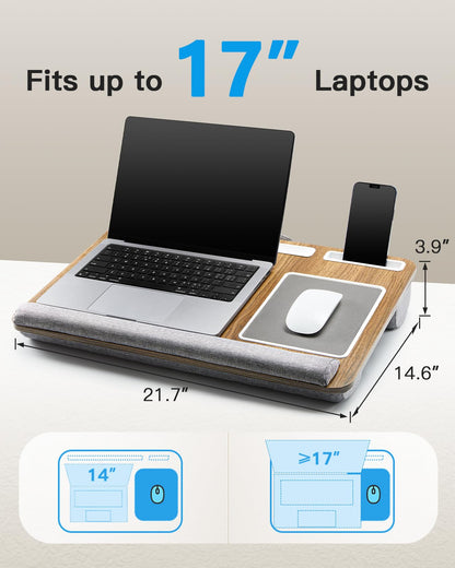 HUANUO Lap Desk - Fits up to 17 inches Laptop Desk, Built in Mouse Pad & Wrist Pad for Notebook, Laptop, Tablet, Lap Stand with Tablet, Pen & Phone Holder, Brown Woodgrain