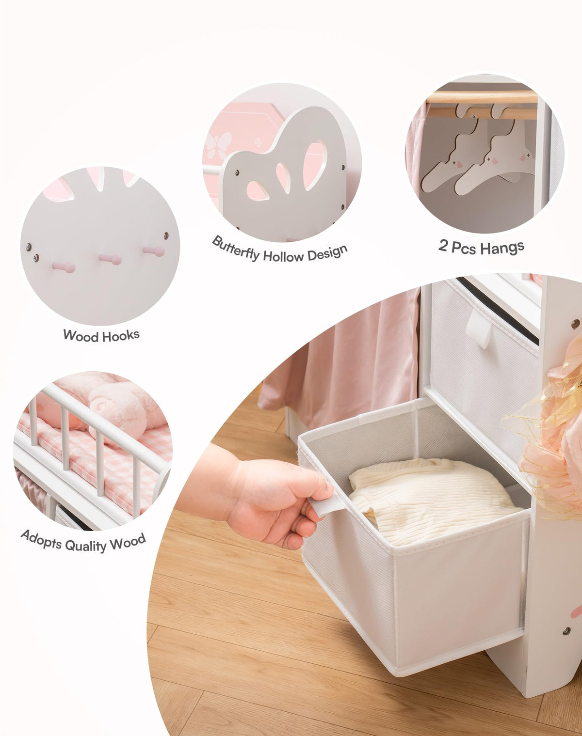 ROBOTIME Baby Doll Crib, Wooden Doll Bed, Toy Baby Crib with Storage, Bedding, and Wooden Hooks, Doll Crib Fits Dolls up to 21", Doll Furniture for American Girls Ages 3+ (Pink)