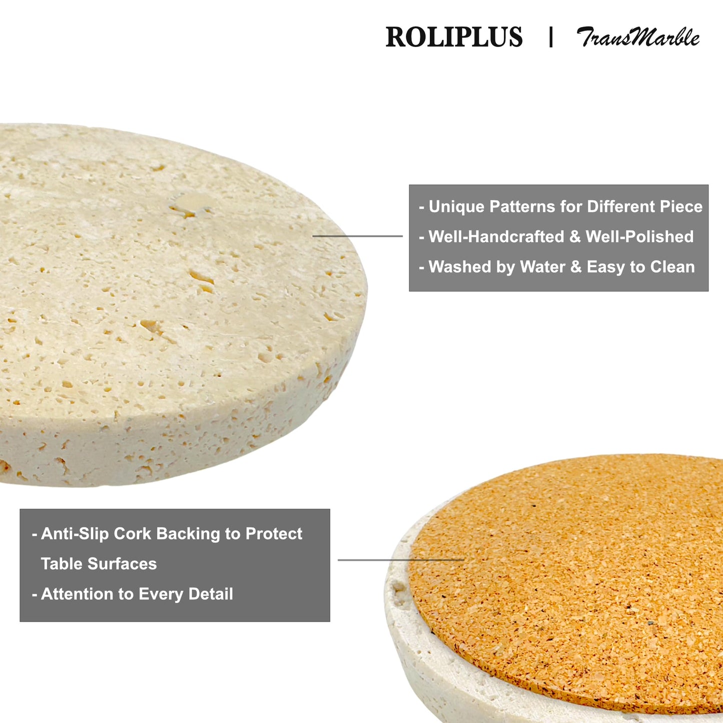 Natural Elegant Set of 4 Round Travertine Stone Coasters with Cork Backing - Absorbent Drink Coasters for Home and Office
