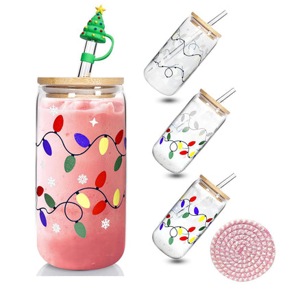 Mason Life Color Changing Christmas Cup, Cute Glass Cups with Lids and Straws, 18oz Iced Coffee Cup, Drinking Glasses Reusable Travel Coffee Mug, Valentines Day, Birthday Gift for Her- 1 Pack