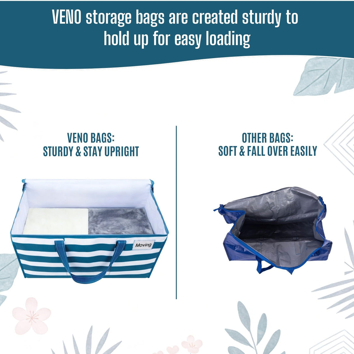 VENO 6 Pack Heavy Duty Moving Bags, Clothes and Comforter Storage Bags with Clear Window, College Dorm Essentials Packing Supplies, Foldable Boxes Alternative (Classic Navy Stripe, 6 Pack)