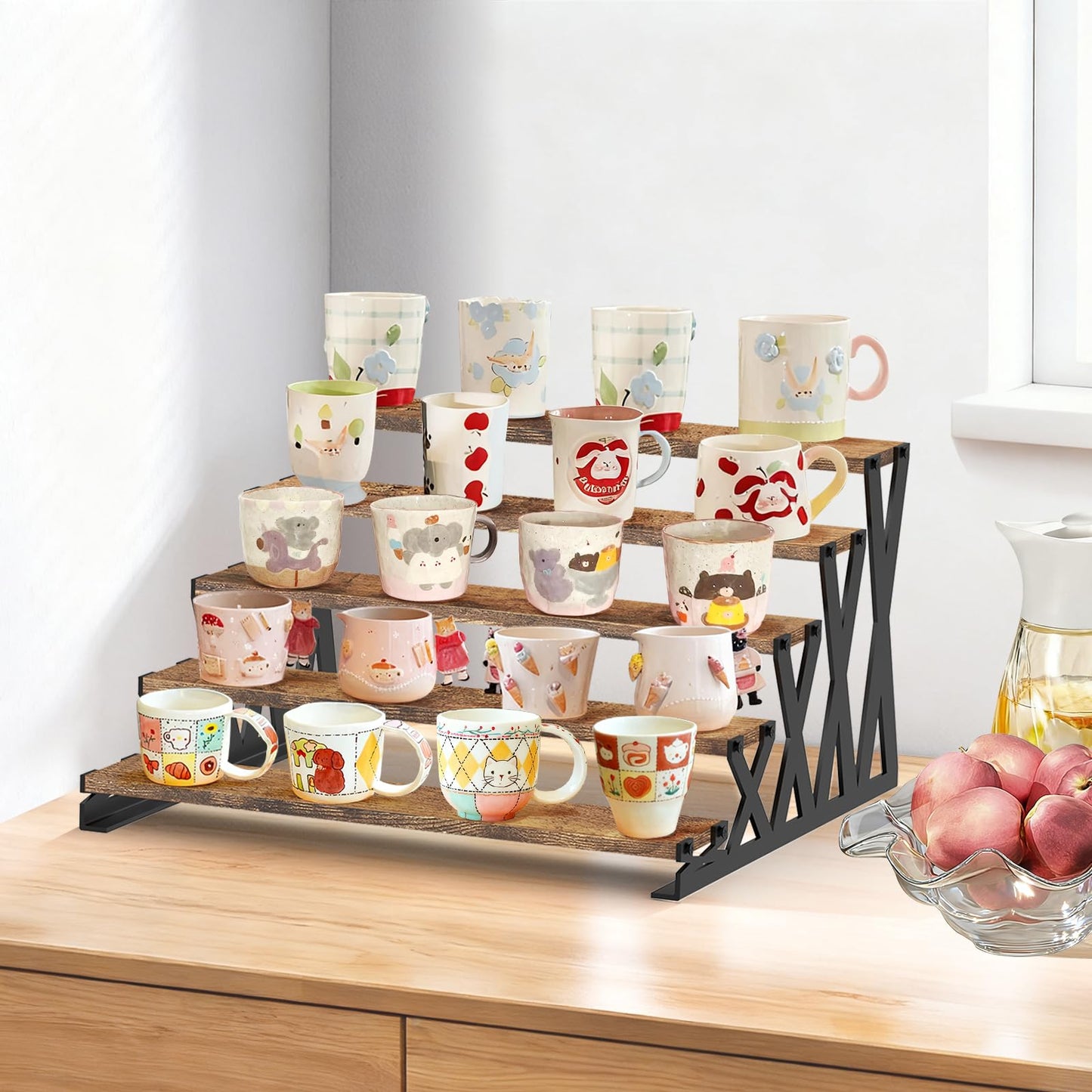 KALYLOC 5 Tier Wooden Display Riser Stand 13.8 Inch Metal Step Perfume Stand Organizer Tabletop Tiered Display Shelf Rack for Cologne Cupcake Spice Figures Cosmetics Candles (Brown, X-Shape)
