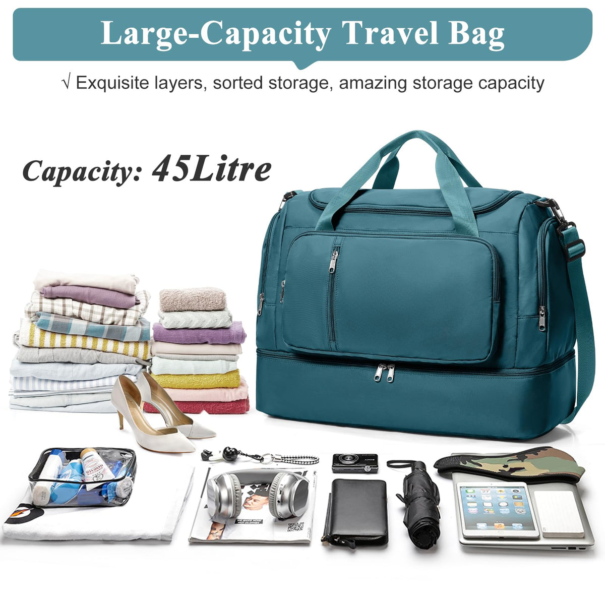 Travel Duffle Bag, Weekender Bags for Women,Carry On Overnight Personal Item Travel Bag with Shoes Compartment,Peacock Blue