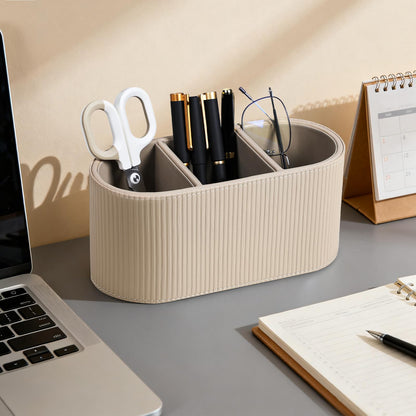 Cretkhp Aesthetic Remote Control Holder, PU Leather Pen Holder for Desk with 3 Compartments for Home Office Supplies and Accessories, Stylish Bedside Remote Holder Nightstand Desktop Organizer (Beige)