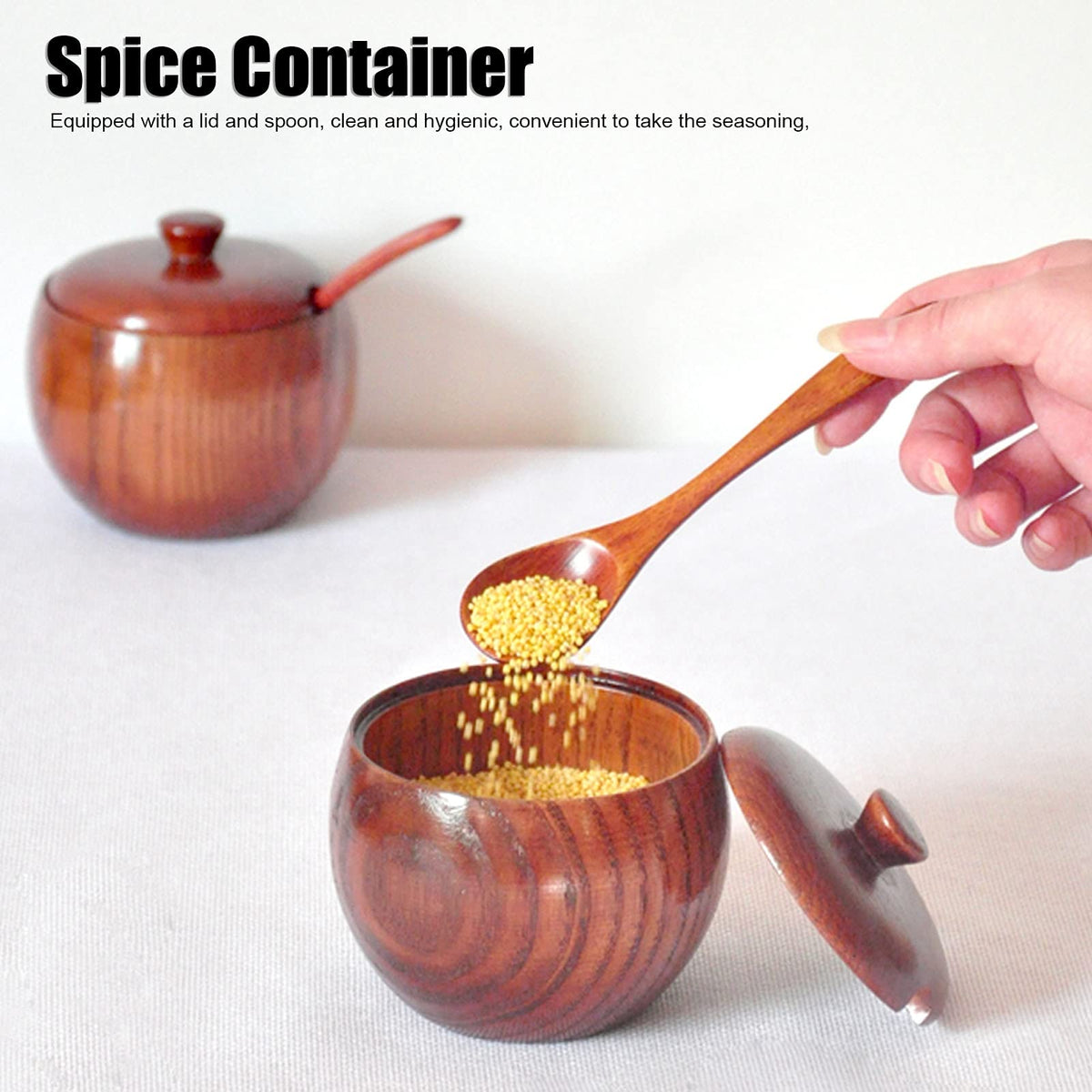 MOUMOUTEN Wood Spice Pot, Natural Wooden Salt Cellar with Lid and Spoon, Sugar Container Vintage Spice Jar Seasoning Container Cooking Utensil for Serving Condiment Chili Powder