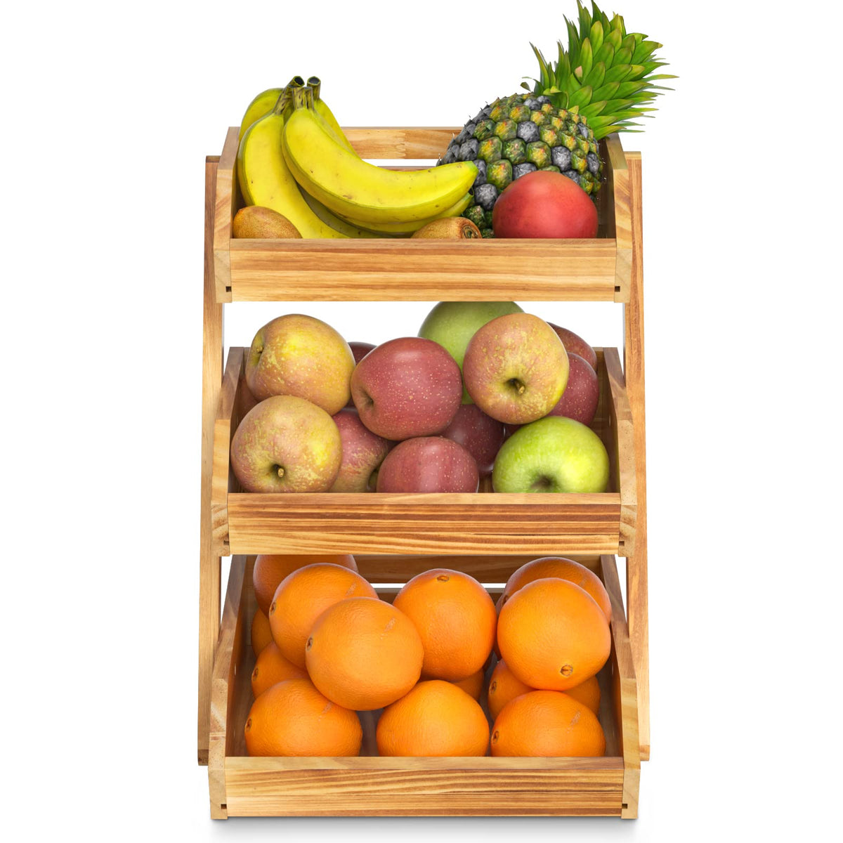 Merysen 3-Tier Wooden Fruit Basket For Kitchen Countertop, Bread Vegetable Basket Bowl Stand, Large