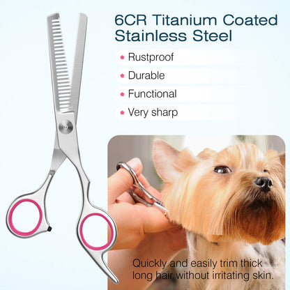 Pawaboo Dog Grooming Scissors Set, 5 Pieces Professional Dog Salon Scissors, Combing Fur Scissors with Round Safety Tip for Pets, Dogs, Cats, Thinning Scissors, Hair Care, Grooming Cutting - Pink