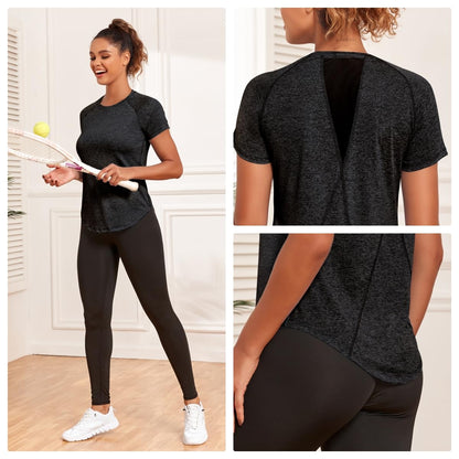 Jlowesun Women's Long Yoga Gym Tops, Sprots Running Exercise T-Shirt Short Sleeve Back Mesh Workout Loose Fit Summer Quick Dry Fitness Activewear Athletic Tee for Ladies