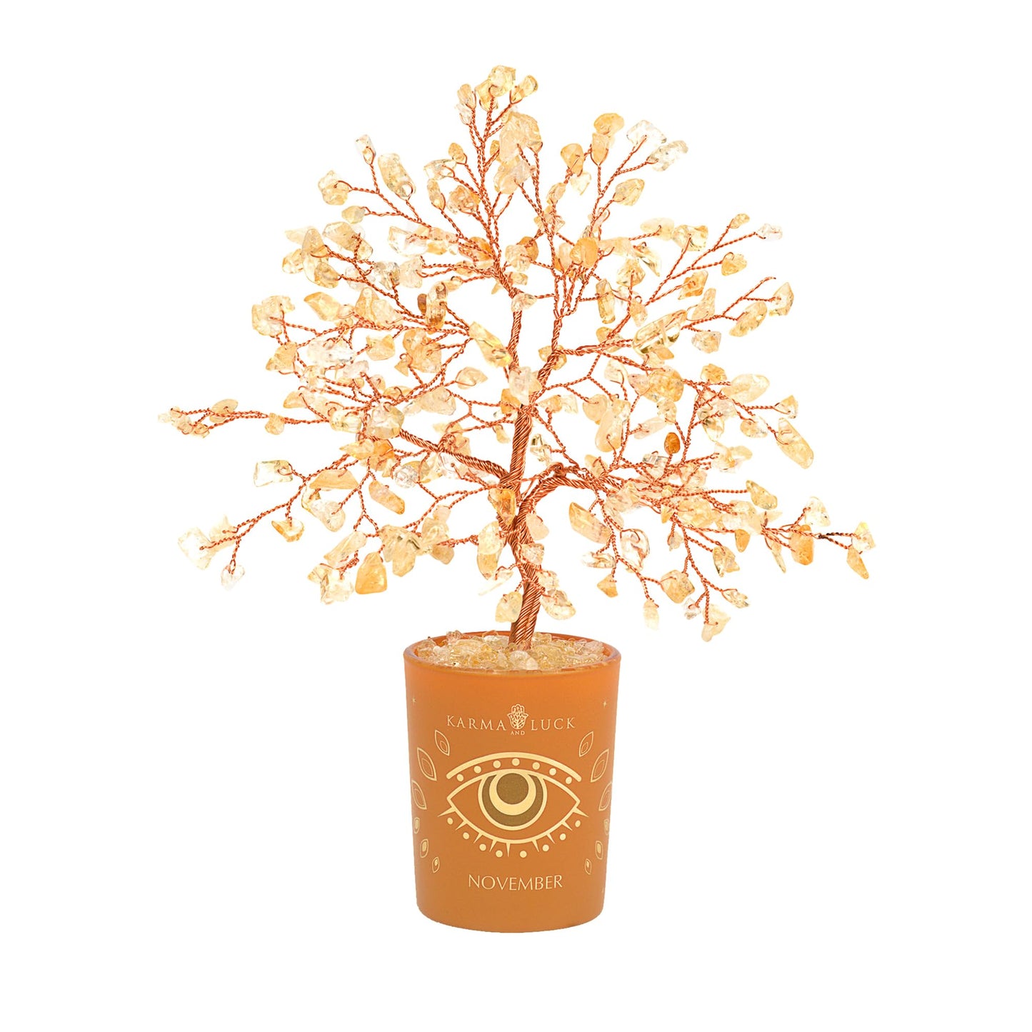 KARMA AND LUCK November Birthstone Crystal Tree of Life, Citrine Gemstone Feng Shui Tree Decor with Evil Eye Base, Spiritual Birthday Gift for Home, Office & Meditation Space