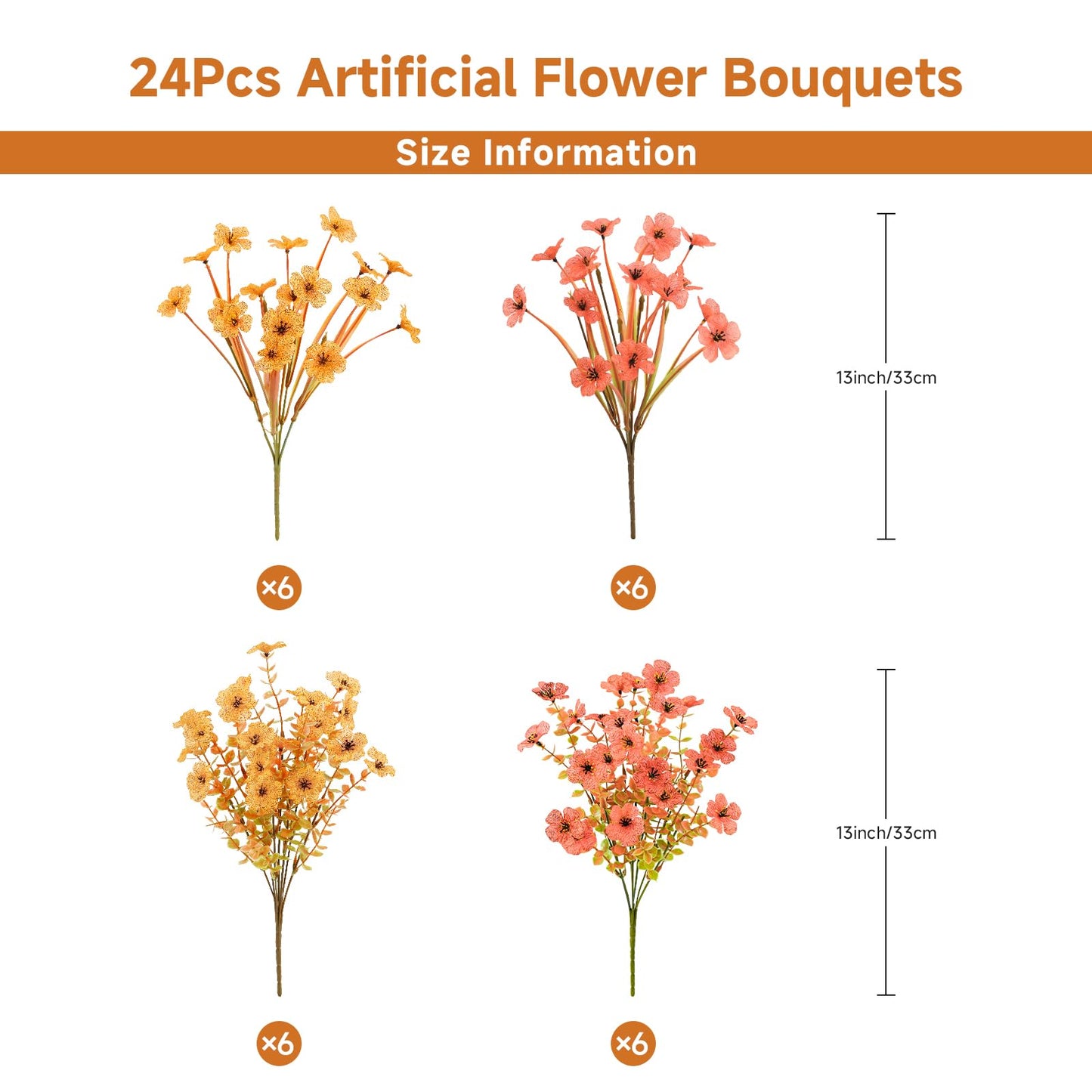 Alupssuc 24 Bundles Autumn Artificial Flowers Outdoor Decorations, Silk Violet Plastic Fake Flower Plants for Hanging Baskets Garden Porch Window Home Vases Wedding Farmhouse Decor, Orange and Red