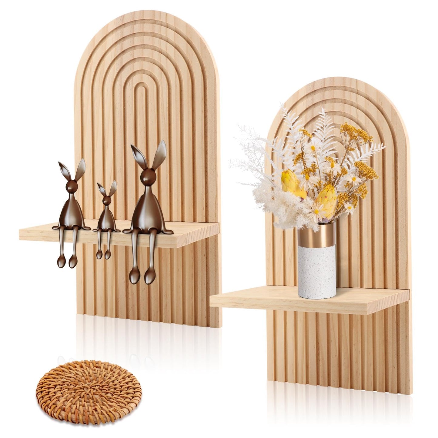 Boho Wall Decor Set of 2 Boho Wall Shelf with 1 Coaster, Natural Modern Minimalist Wa-ll Candle Holder for Bathroom, Bedroom, Living Room, Beside Fireplace TV, 13.78 x 7.09inch