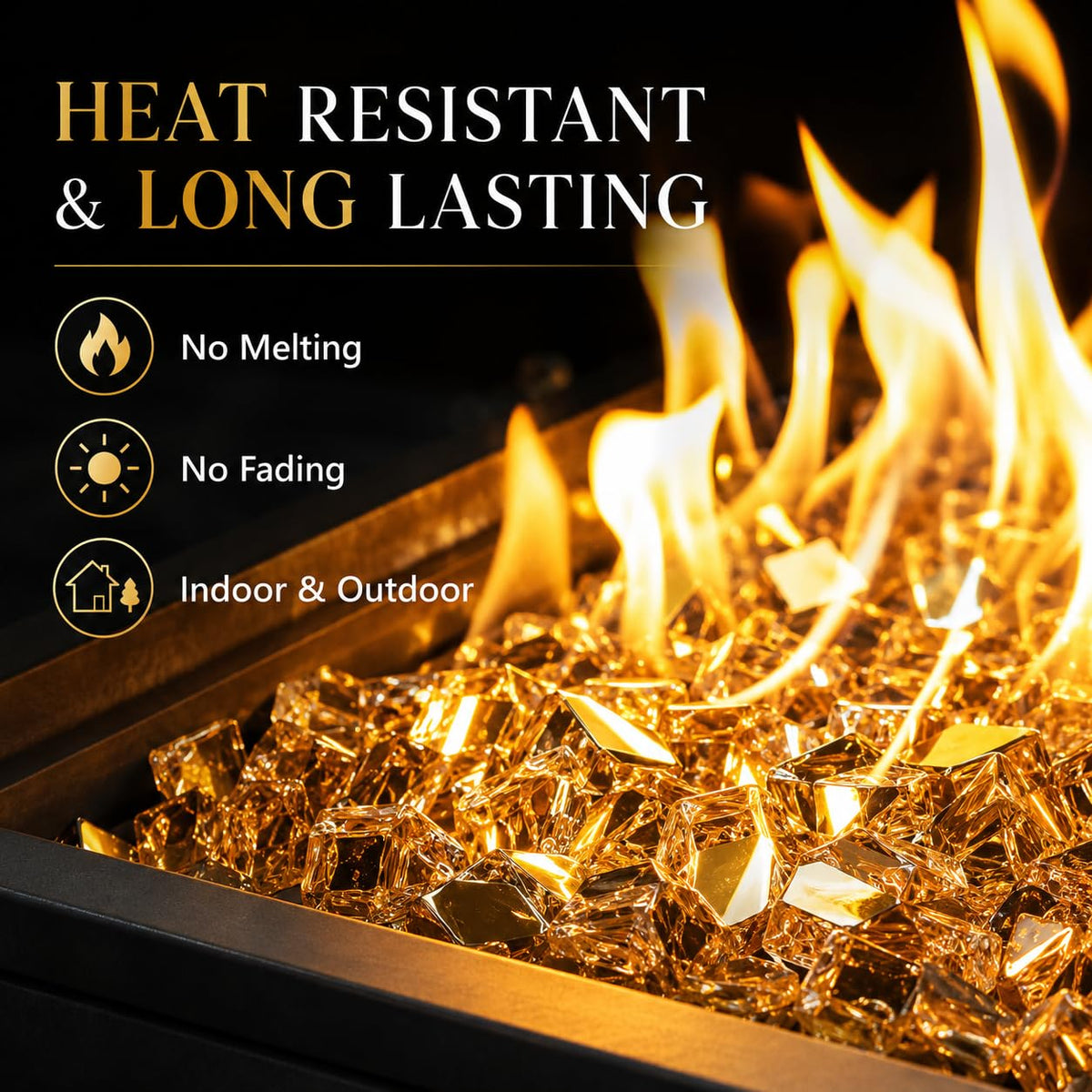 GRISUN Gold Fire Glass for Fire Pit, 20 Pounds 1/2 Inch High Luster Reflective Tempered Glass Rocks for Natural or Propane Fireplace, Safe for Outdoors and Indoors Firepit Glass
