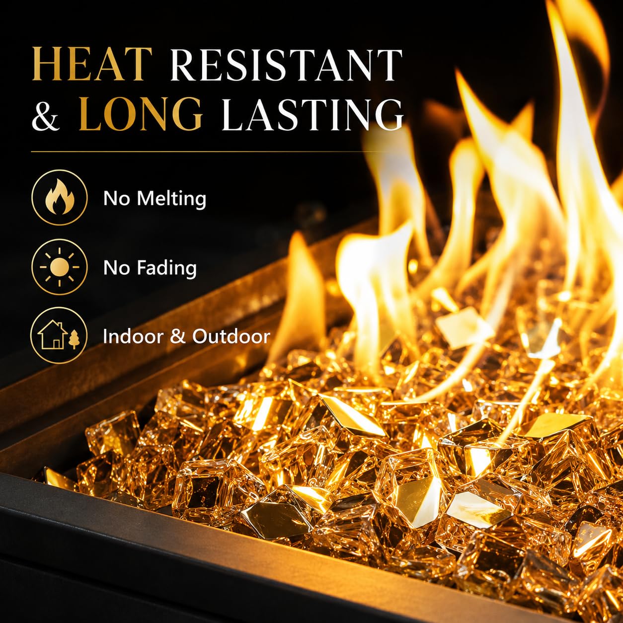 GRISUN Gold Fire Glass for Fire Pit, 20 Pounds 1/2 Inch High Luster Reflective Tempered Glass Rocks for Natural or Propane Fireplace, Safe for Outdoors and Indoors Firepit Glass