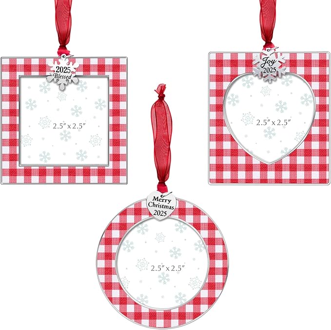 GUOER 3PCS Christmas Tree Ornaments Set Picture Frame Ornament Holiday Keepsake Gift Home Decor Christmas Decorations Xmas Gifts Pendant with 2.5” Photo Frame Insert (Red White 2025)
