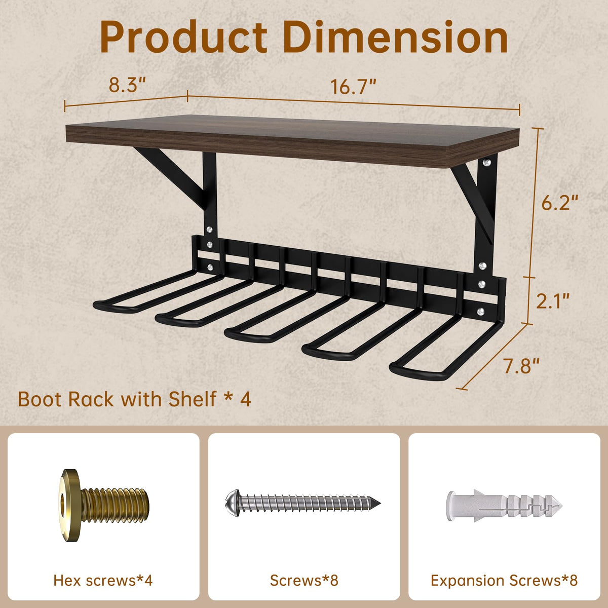 Decoroca Wall Mount Boot Rack, Garden Tool Organizer With 5 Curved Hooks & Wood Shelf, Heavy Duty Wader Boot Hangers Organizer Rack Trays for Outdoor/Indoor, Garden, Garage (4 Pack)