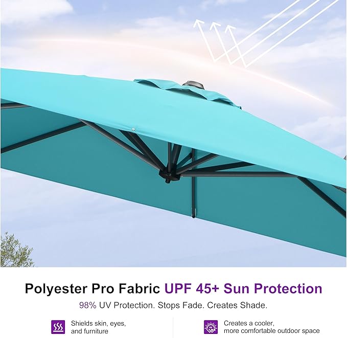 PURPLE LEAF 10'×10' Patio Umbrella with Base and Cover Outdoor Umbrella Large Cantilever Windproof Offset Heavy Duty Sun Umbrella for Garden Deck Pool Patio Turquoise Blue