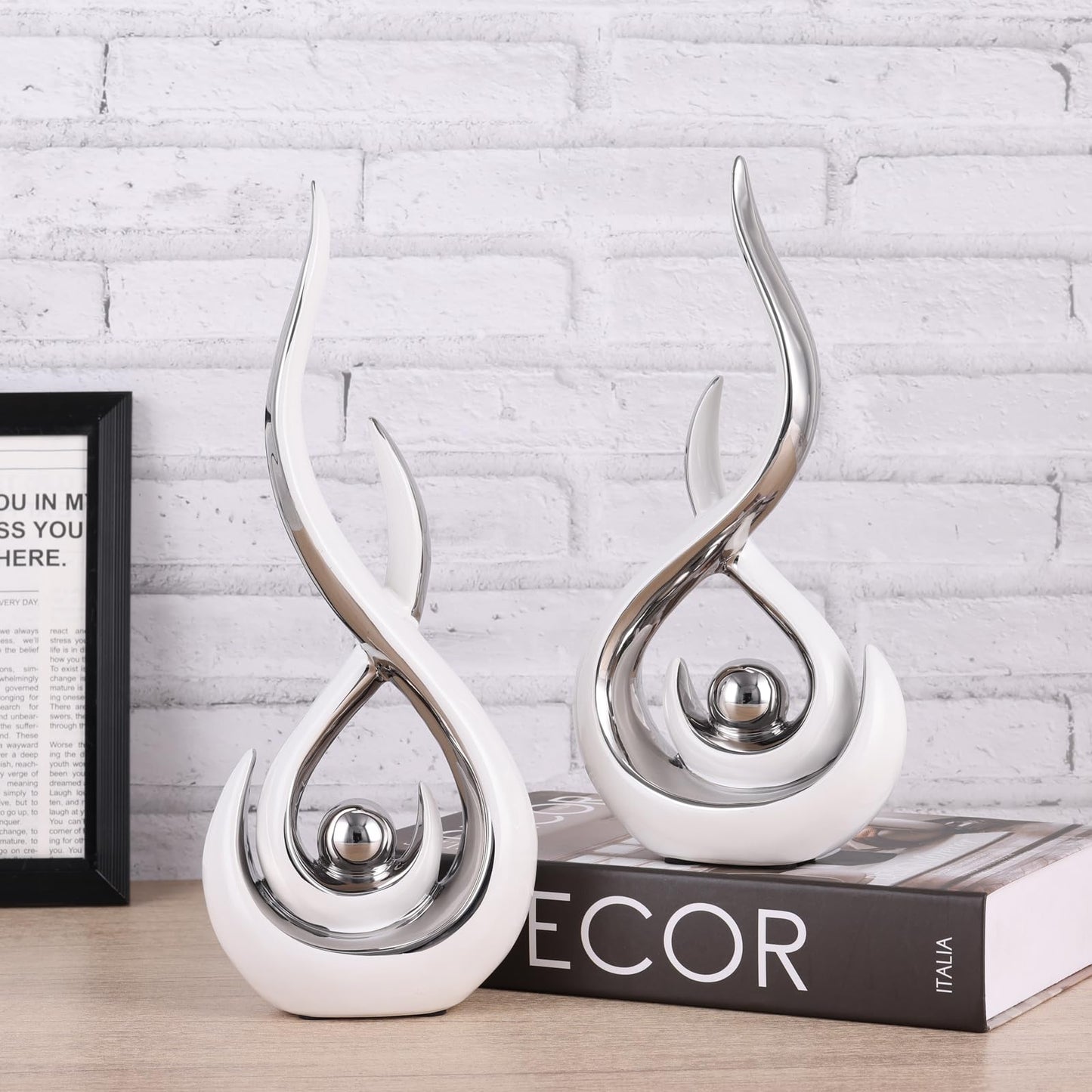Ceramic Abstract 2 Piece Statue Set, White and Silver Home Decor Accents for Home Decor Statue Mantle Shelf Unique Decor, TV Cabinet Partition Table Top and Dining Table Centerpiece.